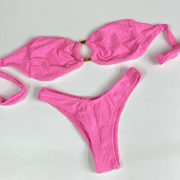 KB KINIS| Cheeky Bikini Set‎ Textured Floral Print Azalea Pink Tie-Back Top Sz S - Picture 5 of 15